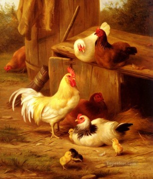Poules et poussins ferme animaux Edgar Hunt Peinture à l'huile